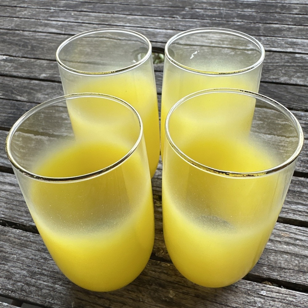 3 Blendo Yellow Frosted Tumblers 5" West Virginia Glass W/ Gold Rim